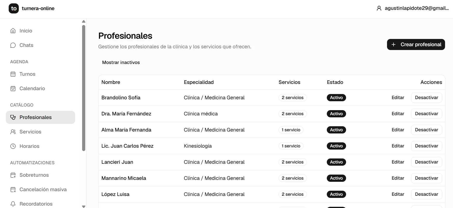 Catálogo de profesionales de la consola, con especialidad, cantidad de servicios asociados y estado activo o inactivo