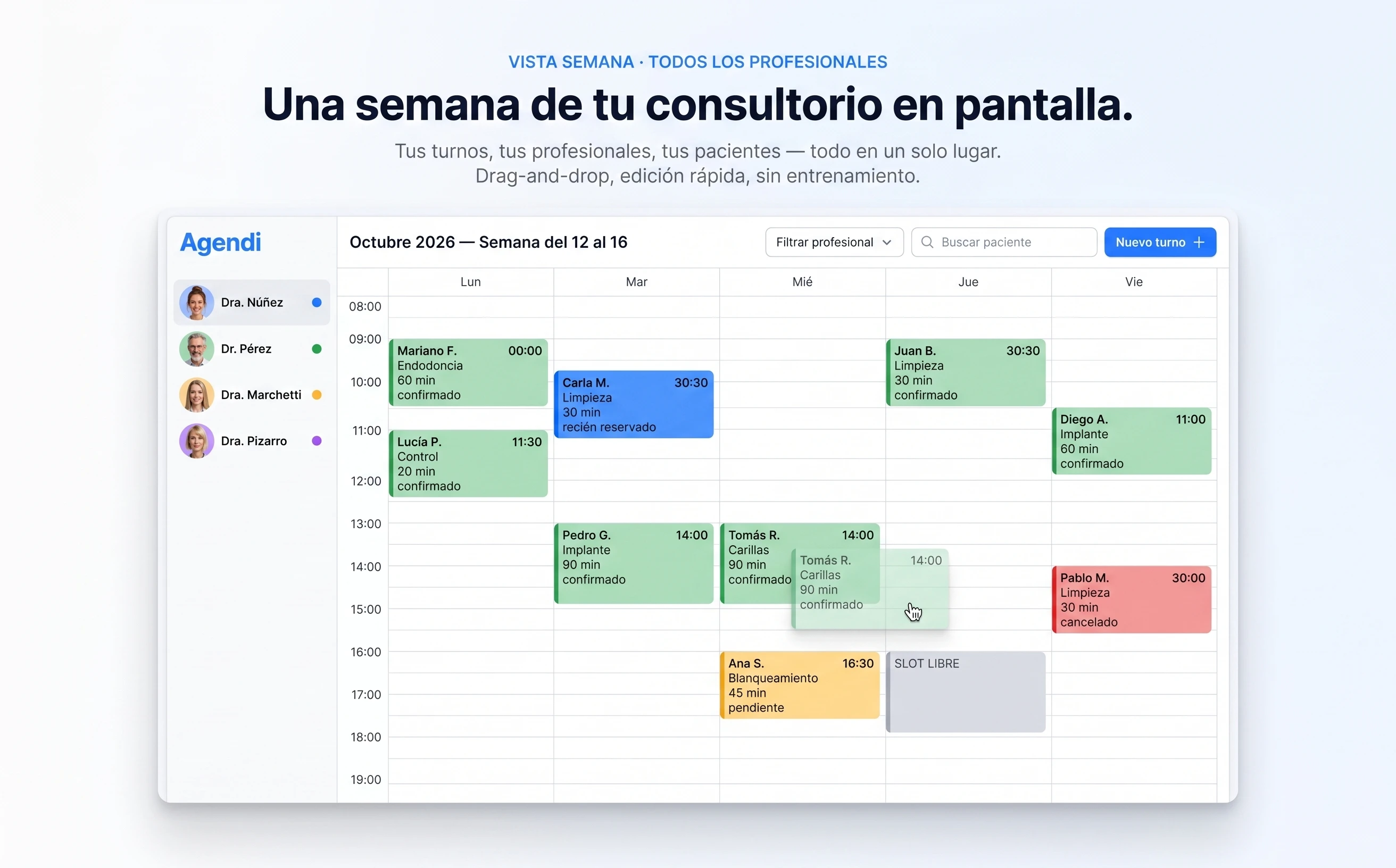 Detalle del calendar multi-profesional de Agendi Salud con vistas día y semana y estado de confirmación por turno