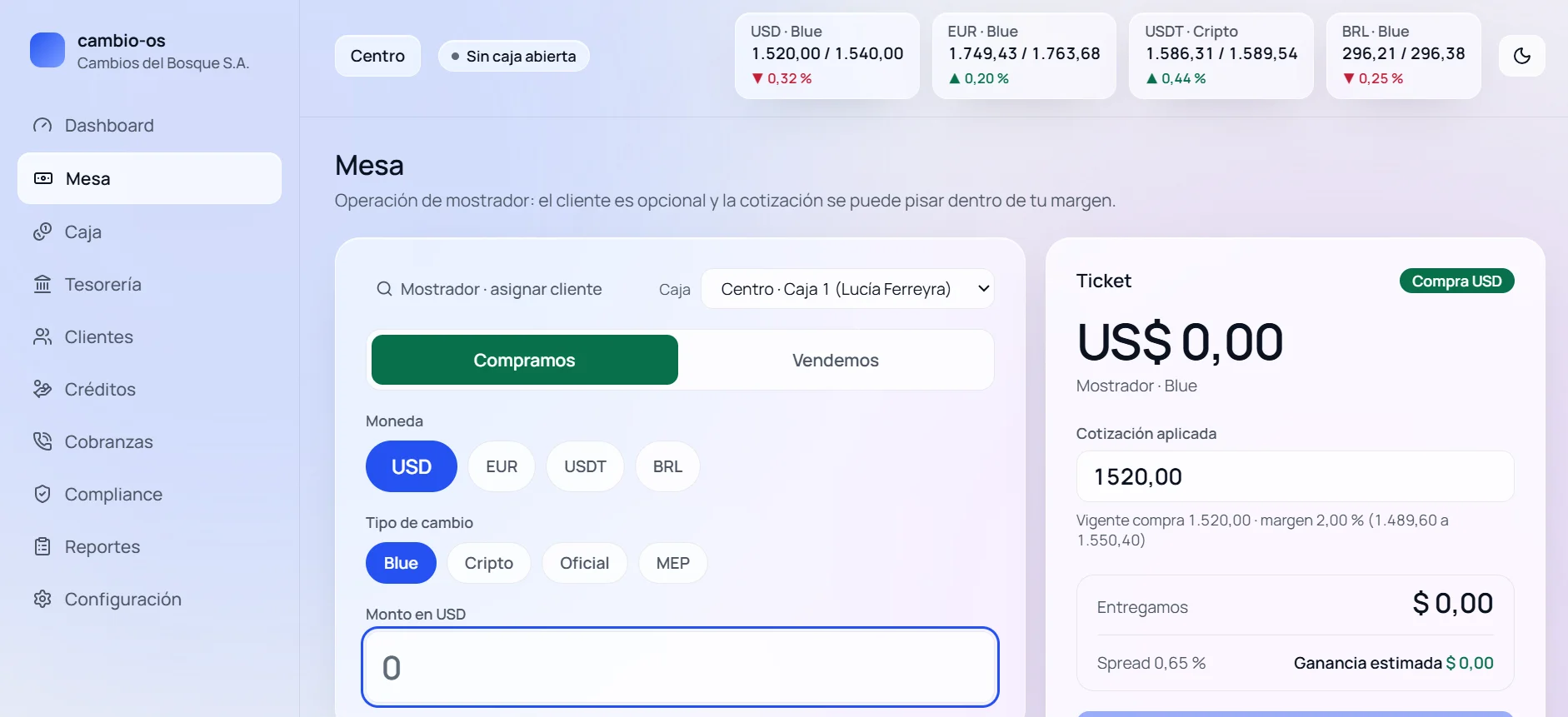 Mesa de operaciones del sistema: selector de compra o venta, moneda, tipo de cambio y ticket con la cotización aplicada y la ganancia estimada
